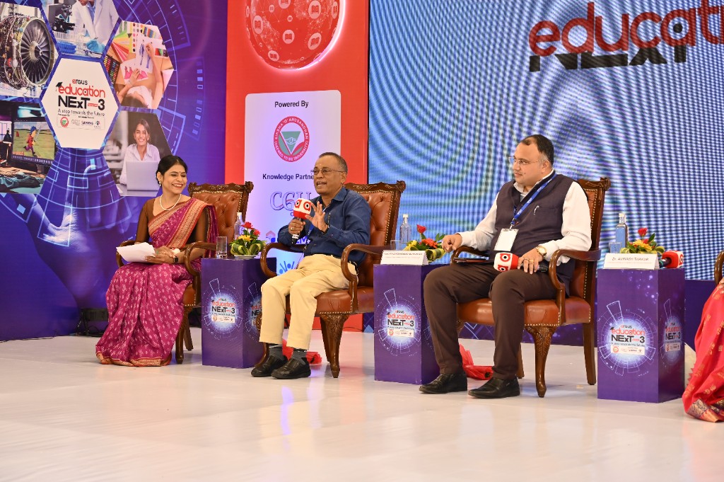 Panel discussion on the Education Next Season 3 stage with three speakers